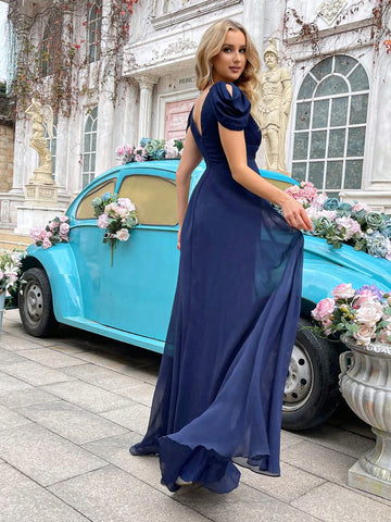 QOQ Navy Blue V-Neck Crossover Wrap Elegant Bridesmaid Dress QOQ Navy Blue V-Neck Crossover Wrap Elegant Bridesmaid Dress