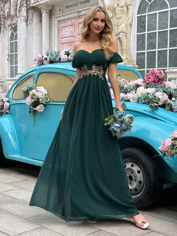 QOQ Women Elegant Solid Color Off Shoulder Sequin Applique Bridesmaid Dress QOQ Women Elegant Solid Color Off Shoulder Sequin Applique Bridesmaid Dress