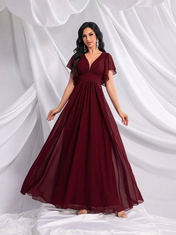 QOQ Women Minimalist Solid Wine Red Formal Dress For Daily Wear QOQ Women Minimalist Solid Wine Red Formal Dress For Daily Wear
