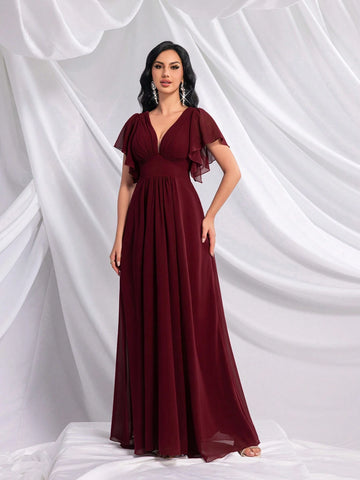 QOQ Women Minimalist Solid Wine Red Formal Dress For Daily Wear QOQ Women Minimalist Solid Wine Red Formal Dress For Daily Wear