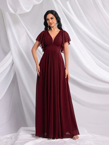 QOQ Women Minimalist Solid Wine Red Formal Dress For Daily Wear QOQ Women Minimalist Solid Wine Red Formal Dress For Daily Wear