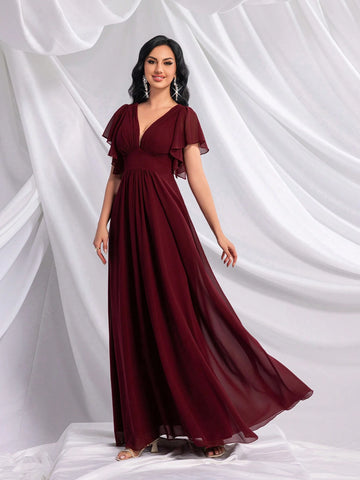 QOQ Women Minimalist Solid Wine Red Formal Dress For Daily Wear QOQ Women Minimalist Solid Wine Red Formal Dress For Daily Wear