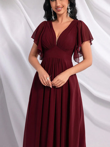 QOQ Women Minimalist Solid Wine Red Formal Dress For Daily Wear QOQ Women Minimalist Solid Wine Red Formal Dress For Daily Wear
