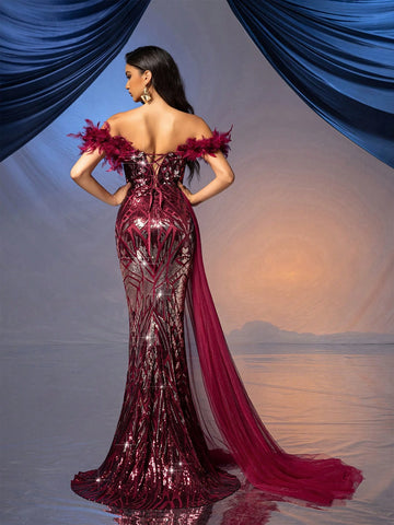 QOQ Women's Floral Patch Decorated Off Shoulder Feather Mesh Splice Luxury Wine Red Formal Evening Gown QOQ Women's Floral Patch Decorated Off Shoulder Feather Mesh Splice Luxury Wine Red Formal Evening Gown