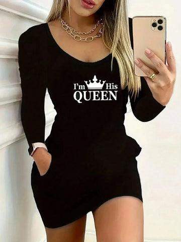 Queen Print Crew Neck Casual Long Sleeve Bodycon Dress, Spring/Autumn, Women Queen Print Crew Neck Casual Long Sleeve Bodycon Dress, Spring/Autumn, Women