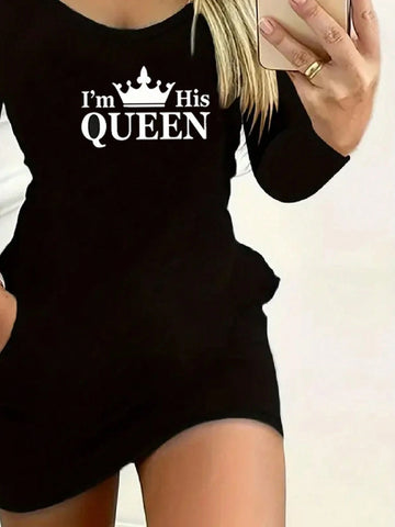 Queen Print Crew Neck Casual Long Sleeve Bodycon Dress, Spring/Autumn, Women Queen Print Crew Neck Casual Long Sleeve Bodycon Dress, Spring/Autumn, Women