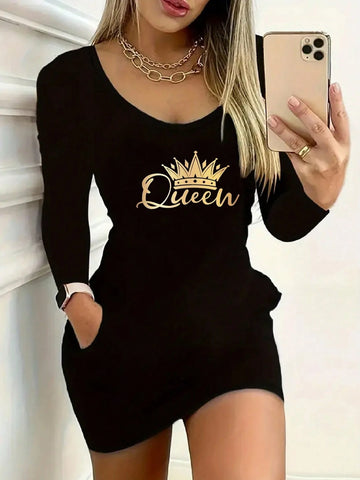 Queen Print Form-Fitting Round Neck Dress, Casual Long Sleeve Dress For Women, Spring/Summer/Autumn Queen Print Form-Fitting Round Neck Dress, Casual Long Sleeve Dress For Women, Spring/Summer/Autumn