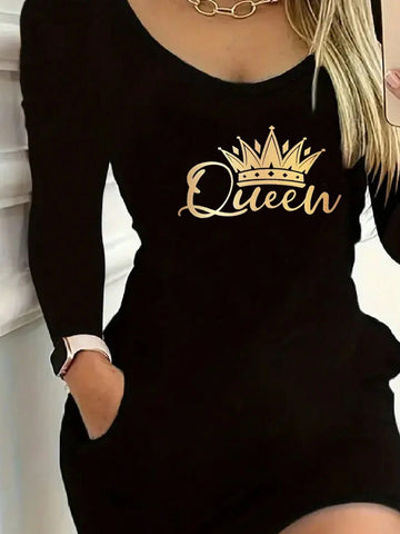 Queen Print Form-Fitting Round Neck Dress, Casual Long Sleeve Dress For Women, Spring/Summer/Autumn Queen Print Form-Fitting Round Neck Dress, Casual Long Sleeve Dress For Women, Spring/Summer/Autumn