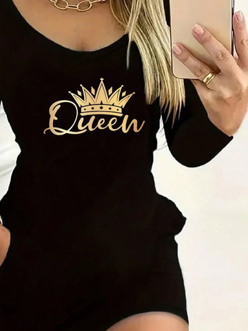 Queen Print Form-Fitting Round Neck Dress, Casual Long Sleeve Dress For Women, Spring/Summer/Autumn Queen Print Form-Fitting Round Neck Dress, Casual Long Sleeve Dress For Women, Spring/Summer/Autumn