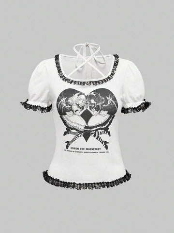 Anime Ladies" Summer Short Sleeve T-Shirt With Large Round Collar And Color-Block Lace Patchwork Anime Ladies" Summer Short Sleeve T-Shirt With Large Round Collar And Color-Block Lace Patchwork
