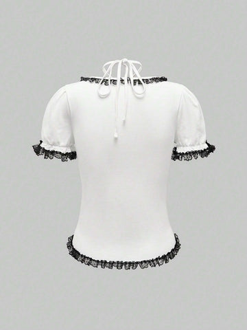 Anime Ladies" Summer Short Sleeve T-Shirt With Large Round Collar And Color-Block Lace Patchwork Anime Ladies" Summer Short Sleeve T-Shirt With Large Round Collar And Color-Block Lace Patchwork