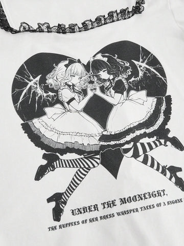 Anime Ladies" Summer Short Sleeve T-Shirt With Large Round Collar And Color-Block Lace Patchwork Anime Ladies" Summer Short Sleeve T-Shirt With Large Round Collar And Color-Block Lace Patchwork