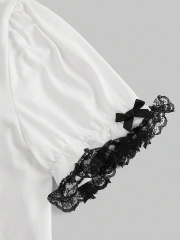 Anime Ladies" Summer Short Sleeve T-Shirt With Large Round Collar And Color-Block Lace Patchwork Anime Ladies" Summer Short Sleeve T-Shirt With Large Round Collar And Color-Block Lace Patchwork