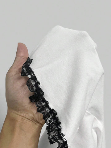 Anime Ladies" Summer Short Sleeve T-Shirt With Large Round Collar And Color-Block Lace Patchwork Anime Ladies" Summer Short Sleeve T-Shirt With Large Round Collar And Color-Block Lace Patchwork