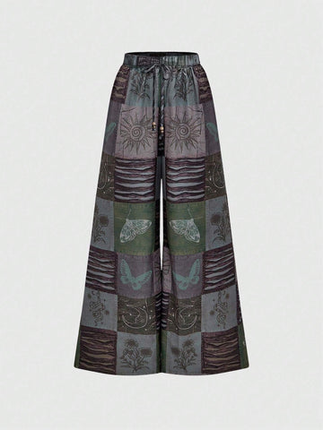 ROMWE Fairycore Boho Style Loose Women's Wide Leg Pants With Star, Moon And Plant Collage Print ROMWE Fairycore Boho Style Loose Women's Wide Leg Pants With Star, Moon And Plant Collage Print