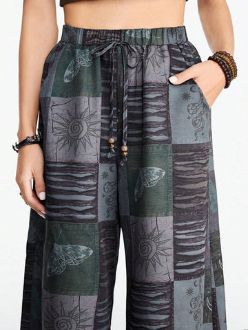 ROMWE Fairycore Boho Style Loose Women's Wide Leg Pants With Star, Moon And Plant Collage Print ROMWE Fairycore Boho Style Loose Women's Wide Leg Pants With Star, Moon And Plant Collage Print