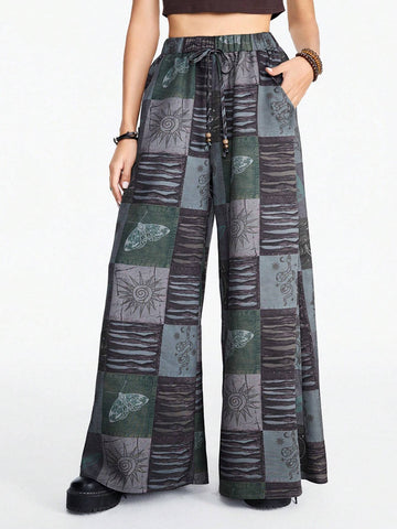 ROMWE Fairycore Boho Style Loose Women's Wide Leg Pants With Star, Moon And Plant Collage Print ROMWE Fairycore Boho Style Loose Women's Wide Leg Pants With Star, Moon And Plant Collage Print