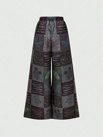 ROMWE Fairycore Boho Style Loose Women's Wide Leg Pants With Star, Moon And Plant Collage Print ROMWE Fairycore Boho Style Loose Women's Wide Leg Pants With Star, Moon And Plant Collage Print