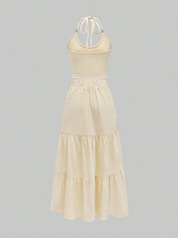 ROMWE Fairycore Seaside Vacation French Retro Star And Moon Embroidered Halter Neck Skirt Set For Women ROMWE Fairycore Seaside Vacation French Retro Star And Moon Embroidered Halter Neck Skirt Set For Women