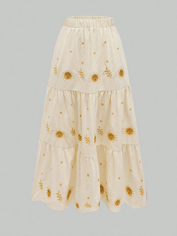 ROMWE Fairycore Seaside Vacation French Retro Star And Moon Embroidered Halter Neck Skirt Set For Women ROMWE Fairycore Seaside Vacation French Retro Star And Moon Embroidered Halter Neck Skirt Set For Women