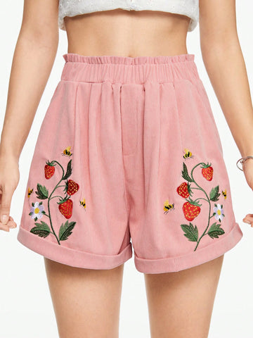 ROMWE Fruit Embroidery Paper Bag Waist Casual Shorts For Summer ROMWE Fruit Embroidery Paper Bag Waist Casual Shorts For Summer