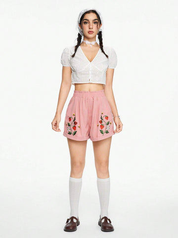 ROMWE Fruit Embroidery Paper Bag Waist Casual Shorts For Summer ROMWE Fruit Embroidery Paper Bag Waist Casual Shorts For Summer