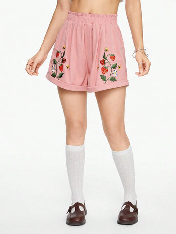 ROMWE Fruit Embroidery Paper Bag Waist Casual Shorts For Summer ROMWE Fruit Embroidery Paper Bag Waist Casual Shorts For Summer