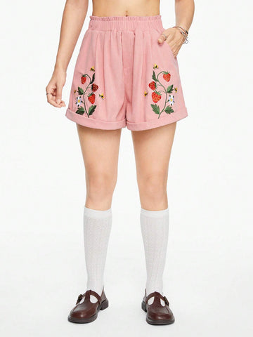 ROMWE Fruit Embroidery Paper Bag Waist Casual Shorts For Summer ROMWE Fruit Embroidery Paper Bag Waist Casual Shorts For Summer