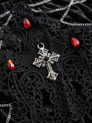 ROMWE Goth Dark Gothic Retro Palace Style Color-Blocking Lace Fitted Mermaid Velvet Skirt For Women ROMWE Goth Dark Gothic Retro Palace Style Color-Blocking Lace Fitted Mermaid Velvet Skirt For Women