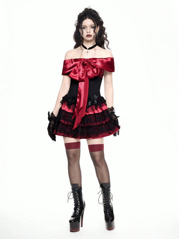 ROMWE Goth Valentine's Day Off Shoulder Satin Bow & Lace Panel Glamorous Sexy Dress ROMWE Goth Valentine's Day Off Shoulder Satin Bow & Lace Panel Glamorous Sexy Dress