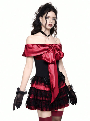 ROMWE Goth Valentine's Day Off Shoulder Satin Bow & Lace Panel Glamorous Sexy Dress ROMWE Goth Valentine's Day Off Shoulder Satin Bow & Lace Panel Glamorous Sexy Dress