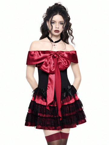 ROMWE Goth Valentine's Day Off Shoulder Satin Bow & Lace Panel Glamorous Sexy Dress ROMWE Goth Valentine's Day Off Shoulder Satin Bow & Lace Panel Glamorous Sexy Dress