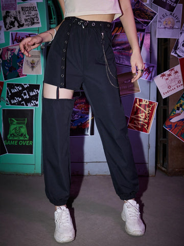 ROMWE Grunge Punk Solid Belted Chain Cut-out Pants ROMWE Grunge Punk Solid Belted Chain Cut-out Pants