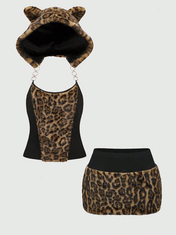 ROMWE Grunge Punk Y2K Harajuku Gal Style Patchwork Leopard Faux Fur Cat Ear Hooded Tight 2-Piece Set For Women ROMWE Grunge Punk Y2K Harajuku Gal Style Patchwork Leopard Faux Fur Cat Ear Hooded Tight 2-Piece Set For Women