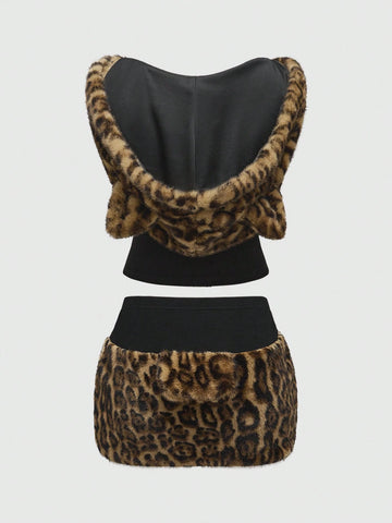 ROMWE Grunge Punk Y2K Harajuku Gal Style Patchwork Leopard Faux Fur Cat Ear Hooded Tight 2-Piece Set For Women ROMWE Grunge Punk Y2K Harajuku Gal Style Patchwork Leopard Faux Fur Cat Ear Hooded Tight 2-Piece Set For Women