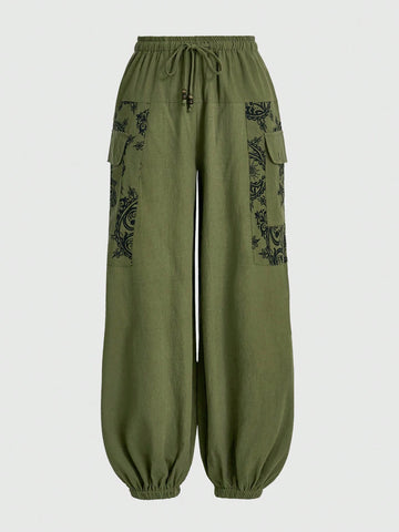 ROMWE Hippie Bohemian Elf Nepal Sun Moon Star Pattern Cargo Pants ROMWE Hippie Bohemian Elf Nepal Sun Moon Star Pattern Cargo Pants