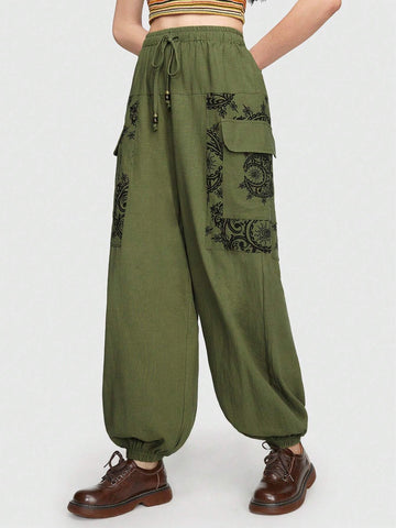 ROMWE Hippie Bohemian Elf Nepal Sun Moon Star Pattern Cargo Pants ROMWE Hippie Bohemian Elf Nepal Sun Moon Star Pattern Cargo Pants
