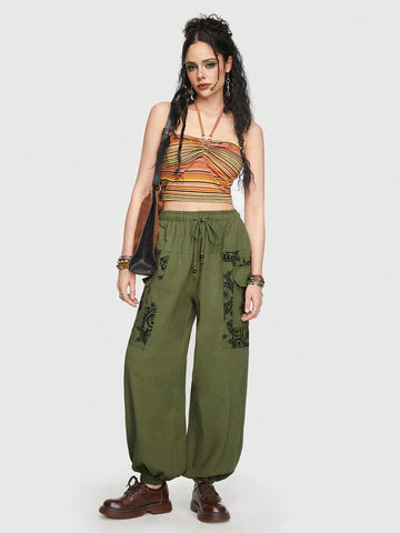 ROMWE Hippie Bohemian Elf Nepal Sun Moon Star Pattern Cargo Pants ROMWE Hippie Bohemian Elf Nepal Sun Moon Star Pattern Cargo Pants