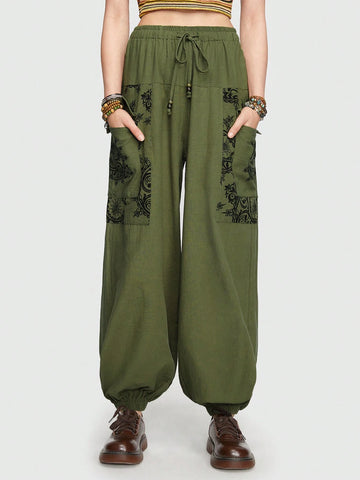ROMWE Hippie Bohemian Elf Nepal Sun Moon Star Pattern Cargo Pants ROMWE Hippie Bohemian Elf Nepal Sun Moon Star Pattern Cargo Pants