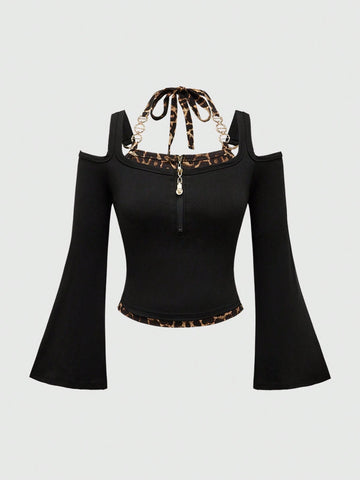 ROMWE J-Fashion Women Leopard Print Halter Round Ring Decorated Zipper Long Sleeve T-Shirt ROMWE J-Fashion Women Leopard Print Halter Round Ring Decorated Zipper Long Sleeve T-Shirt