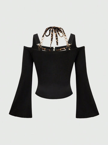 ROMWE J-Fashion Women Leopard Print Halter Round Ring Decorated Zipper Long Sleeve T-Shirt ROMWE J-Fashion Women Leopard Print Halter Round Ring Decorated Zipper Long Sleeve T-Shirt