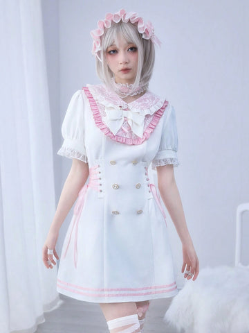 ROMWE Kawaii Cute Lolita Style Lace Patchwork A-Line Waist Cinched Mini Dress, Anime/Kawaii ROMWE Kawaii Cute Lolita Style Lace Patchwork A-Line Waist Cinched Mini Dress, Anime/Kawaii