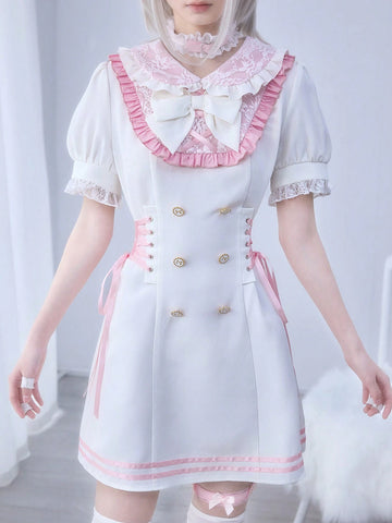 ROMWE Kawaii Cute Lolita Style Lace Patchwork A-Line Waist Cinched Mini Dress, Anime/Kawaii ROMWE Kawaii Cute Lolita Style Lace Patchwork A-Line Waist Cinched Mini Dress, Anime/Kawaii