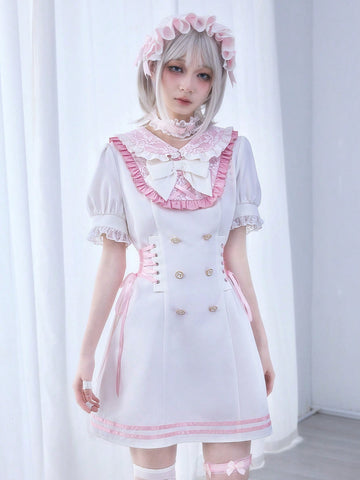 ROMWE Kawaii Cute Lolita Style Lace Patchwork A-Line Waist Cinched Mini Dress, Anime/Kawaii ROMWE Kawaii Cute Lolita Style Lace Patchwork A-Line Waist Cinched Mini Dress, Anime/Kawaii