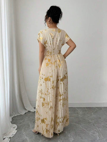 Rafferiza Women's Elegant Golden Foil Printed High Waist Pleated Long Jumpsuit, Summer Rafferiza Women's Elegant Golden Foil Printed High Waist Pleated Long Jumpsuit, Summer