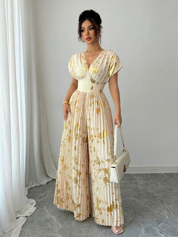 Rafferiza Women's Elegant Golden Foil Printed High Waist Pleated Long Jumpsuit, Summer Rafferiza Women's Elegant Golden Foil Printed High Waist Pleated Long Jumpsuit, Summer