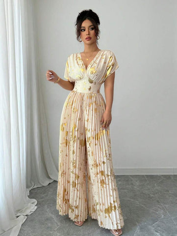 Rafferiza Women's Elegant Golden Foil Printed High Waist Pleated Long Jumpsuit, Summer Rafferiza Women's Elegant Golden Foil Printed High Waist Pleated Long Jumpsuit, Summer