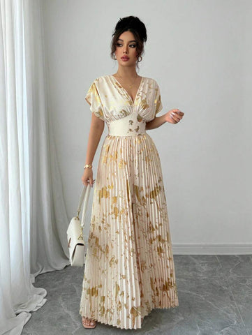 Rafferiza Women's Elegant Golden Foil Printed High Waist Pleated Long Jumpsuit, Summer Rafferiza Women's Elegant Golden Foil Printed High Waist Pleated Long Jumpsuit, Summer