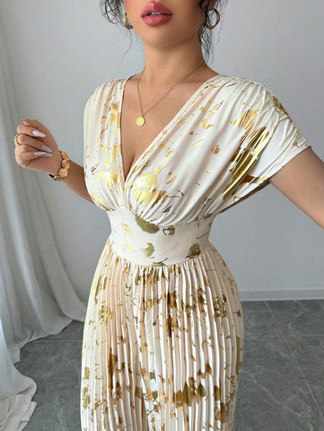 Rafferiza Women's Elegant Golden Foil Printed High Waist Pleated Long Jumpsuit, Summer Rafferiza Women's Elegant Golden Foil Printed High Waist Pleated Long Jumpsuit, Summer