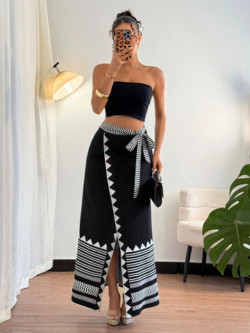 Rafferiza Women's Elegant Print Ruched Waist Asymmetric Hem Long Skirt Rafferiza Women's Elegant Print Ruched Waist Asymmetric Hem Long Skirt